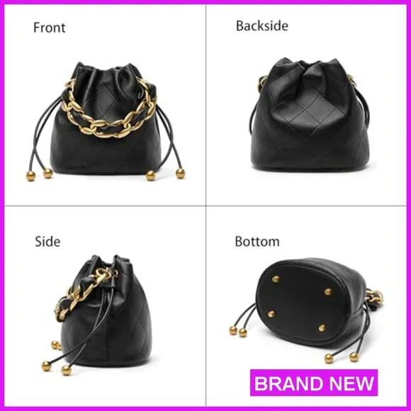Lambskin Leather Top Handle Bucket Bag Drawstring Crossbody Purse Chunky Chain